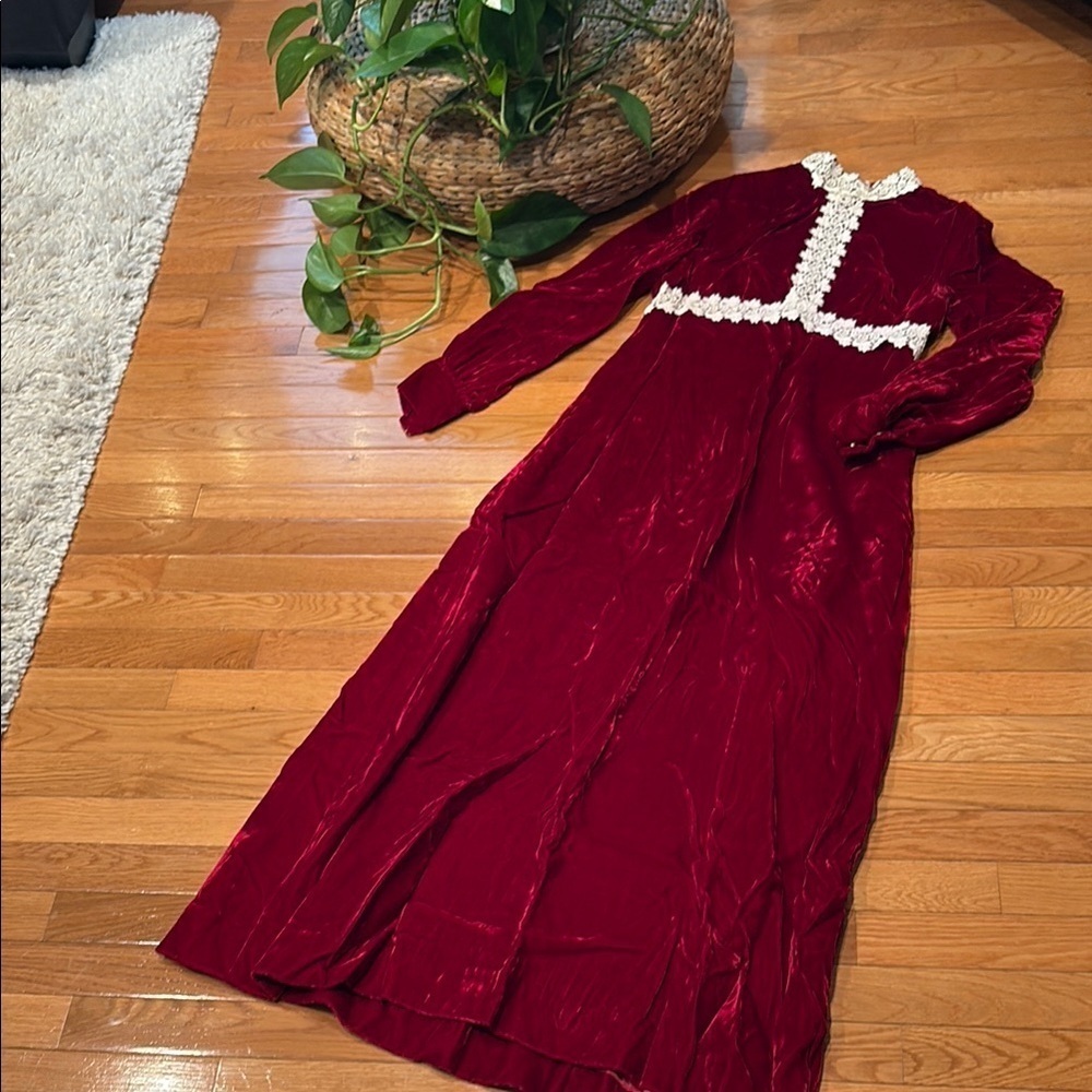 Vintage Burgundy velvet Maxi Dress with Cream Details